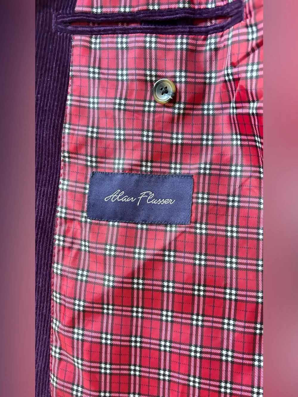 Alan Flusser 42R Purple Corduroy Blazer Sport Coat Red Plaid Lining